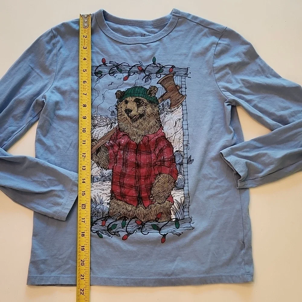 Gap Christmas Bear Graphic Long Sleeve Shirt Blue Plaid Large